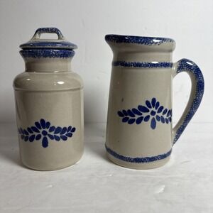Vintage Miniature Spongeware Beige/Blue 6.5in Pitcher And Milk‎ Can LOOMCO Set